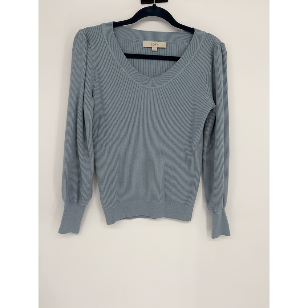 LOFT Ribbed Scoop neck Sweater with puff sleeve Blue Size M